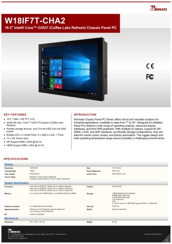 18.5" Intel® Core™ i3/i5/i7 (Coffee Lake Refresh) Chassis Panel PC W18IF7T-CHA2