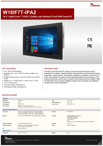 18.5” Intel® Core™ i3/i5/i7 (Coffee Lake Refresh) Front IP65 Panel PC W18IF7T-IPA2