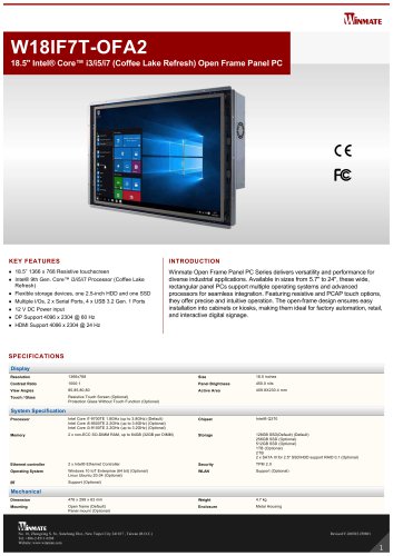 18.5" Intel® Core™ i3/i5/i7 (Coffee Lake Refresh) Open Frame Panel PC W18IF7T-OFA2
