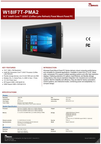 18.5" Intel® Core™ i3/i5/i7 (Coffee Lake Refresh) Panel Mount Panel PC W18IF7T-PMA2