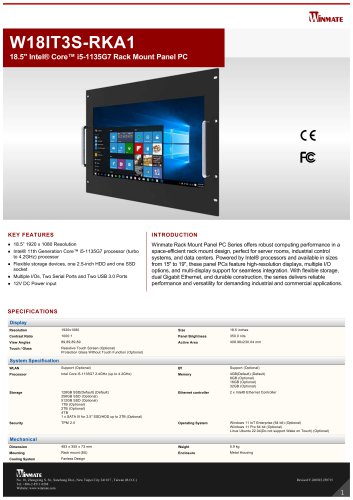 18.5" Intel® Core™ i5-1135G7 Rack Mount Panel PC W18IT3S-RKA1