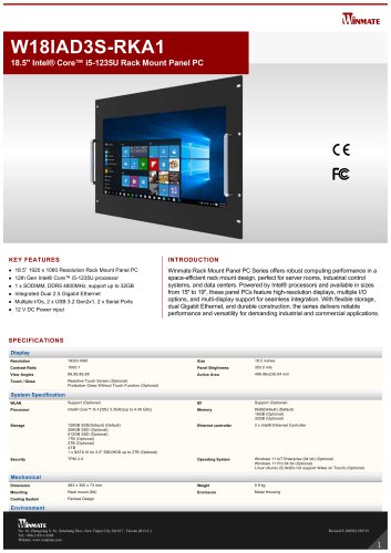 18.5" Intel® Core™ i5-1235U Rack Mount Panel PC W18IAD3S-RKA1