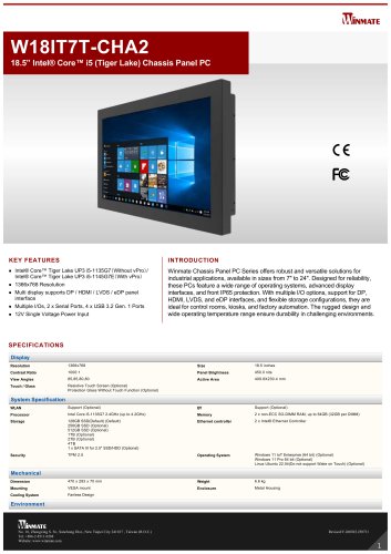 18.5” Intel® Core™ i5 (Tiger Lake) Chassis Panel PC W18IT7T-CHA2