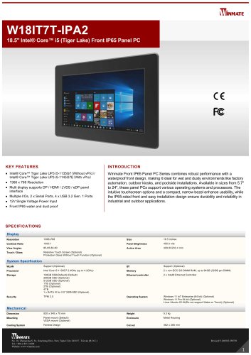 18.5" Intel® Core™ i5 (Tiger Lake) Front IP65 Panel PC W18IT7T-IPA2