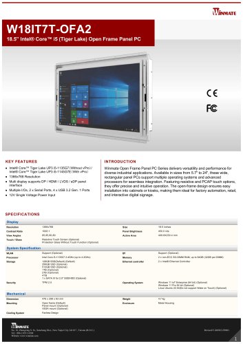 18.5” Intel® Core™ i5 (Tiger Lake) Open Frame Panel PC W18IT7T-OFA2