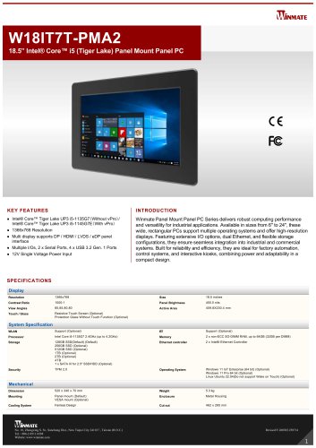 18.5” Intel® Core™ i5 (Tiger Lake) Panel Mount Panel PC W18IT7T-PMA2