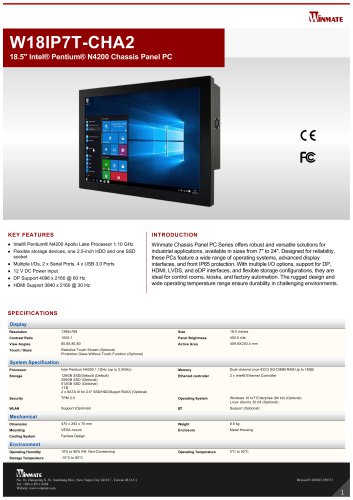 18.5" Intel® Pentium® N4200 Chassis Panel PC W18IP7T-CHA2