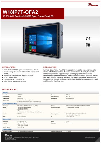 18.5" Intel® Pentium® N4200 Open Frame Panel PC W18IP7T-OFA2