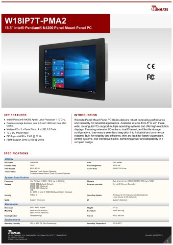 18.5" Intel® Pentium® N4200 Panel Mount Panel PC W18IP7T-PMA2