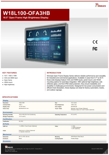 18.5” Open Frame High Brightness Display W18L100-OFA3HB