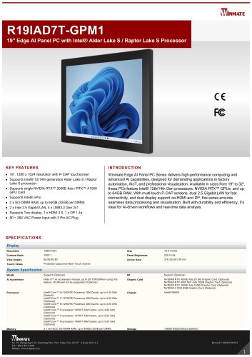 19" Edge AI Panel PC with Intel® Alder Lake S / Raptor Lake S Processor R19IAD7T-GPM1