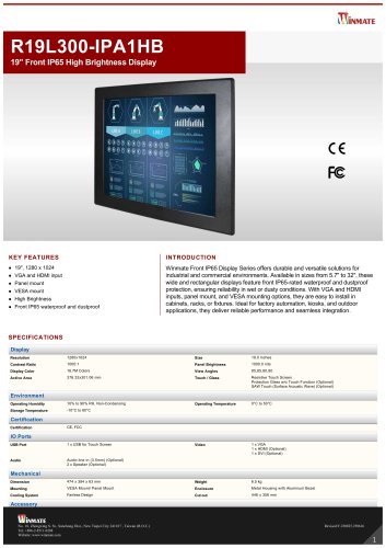 19" Front IP65 High Brightness Display R19L300-IPA1HB 