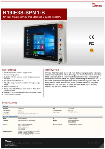 19" Intel Atom® x6413E IP65 Stainless B Series Panel PC R19IE3S-SPM1-B