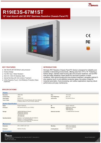 19" Intel Atom® x6413E IP67 Stainless Resistive Chassis Panel PC R19IE3S-67M1ST