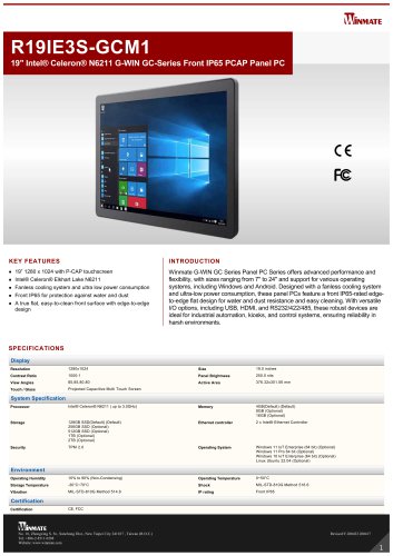 19" Intel® Celeron® N6211 G-WIN GC-Series Front IP65 PCAP Panel PC R19IE3S-GCM1