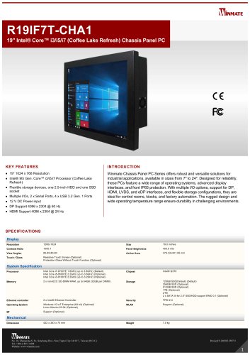 19" Intel® Core™ i3/i5/i7 (Coffee Lake Refresh) Chassis Panel PC R19IF7T-CHA1