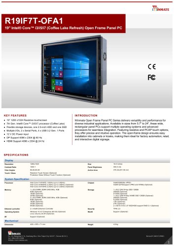 19" Intel® Core™ i3/i5/i7 (Coffee Lake Refresh) Open Frame Panel PC R19IF7T-OFA1
