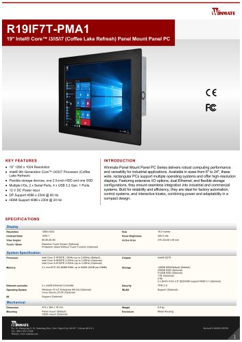 19" Intel® Core™ i3/i5/i7 (Coffee Lake Refresh) Panel Mount Panel PC R19IF7T-PMA1