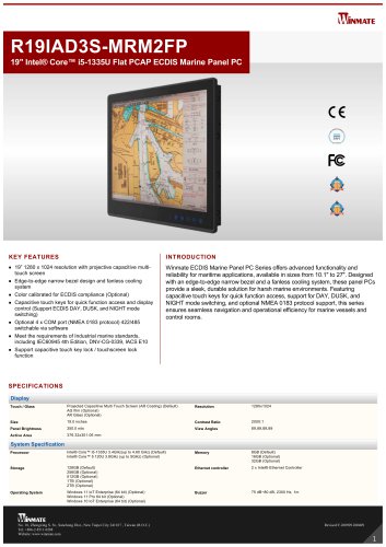 19" Intel® Core™ i5-1335U Flat PCAP ECDIS Marine Panel PC R19IAD3S-MRM2FP