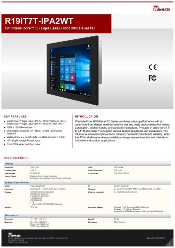 19" Intel® Core™ i5 (Tiger Lake) Front IP65 Panel PC R19IT7T-IPA2WT