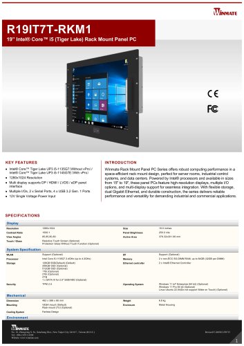 19” Intel® Core™ i5 (Tiger Lake) Rack Mount Panel PC R19IT7T-RKM1