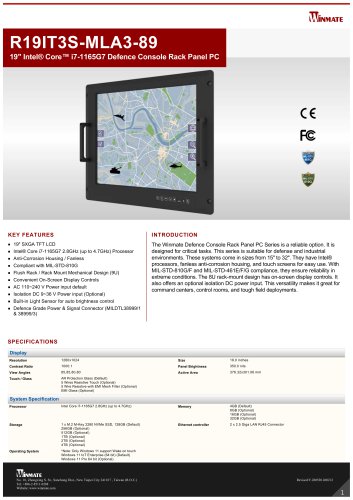19" Intel® Core™ i7-1165G7 Defence Console Rack Panel PC R19IT3S-MLA3-89