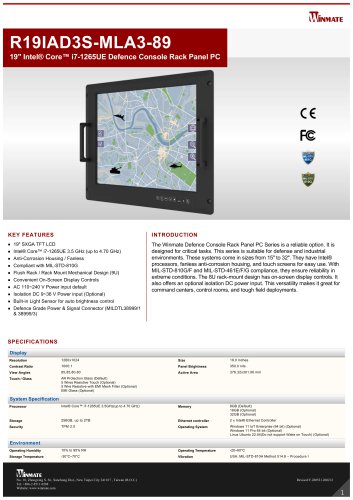 19" Intel® Core™ i7-1265UE Defence Console Rack Panel PC R19IAD3S-MLA3-89 