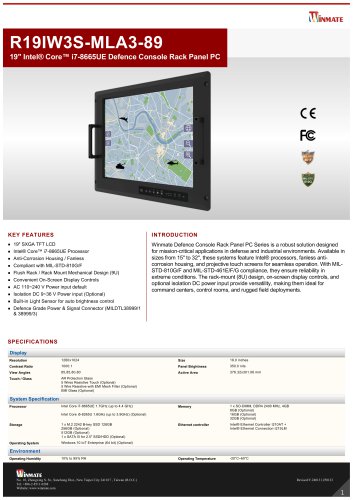 19" Intel® Core™ i7-­8665UE Defence Console Rack Panel PC R19IW3S-MLA3-89