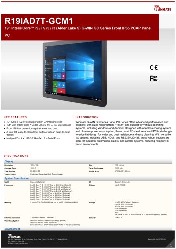 19" Intel® Core™ i9 / i7/ i5 / i3 (Alder Lake S) G-WIN GC Series Front IP65 PCAP Panel PC R19IAD7T-GCM1
