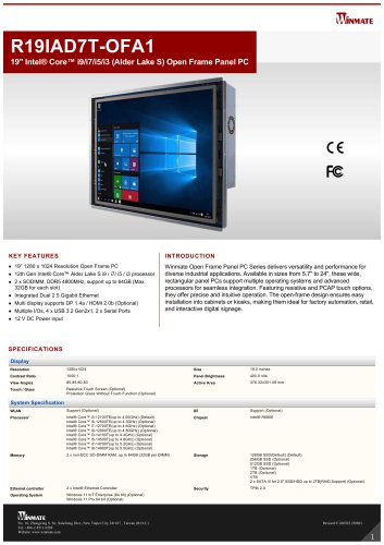 19" Intel® Core™ i9/i7/i5/i3 (Alder Lake S) Open Frame Panel PC R19IAD7T-OFA1