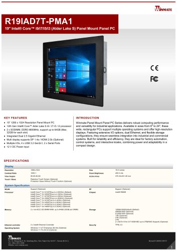 19" Intel® Core™ i9/i7/i5/i3 (Alder Lake S) Panel Mount Panel PC R19IAD7T-PMA1
