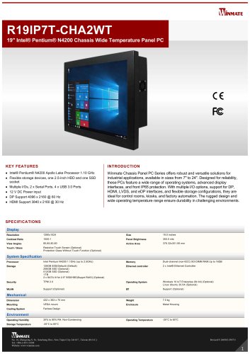 19" Intel® Pentium® N4200 Chassis Wide Temperature Panel PC R19IP7T-CHA2WT