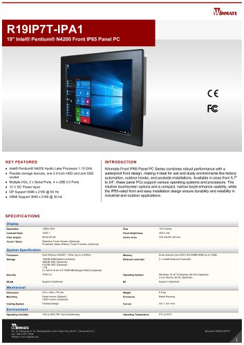 19" Intel® Pentium® N4200 Front IP65 Panel PC R19IP7T-IPA1