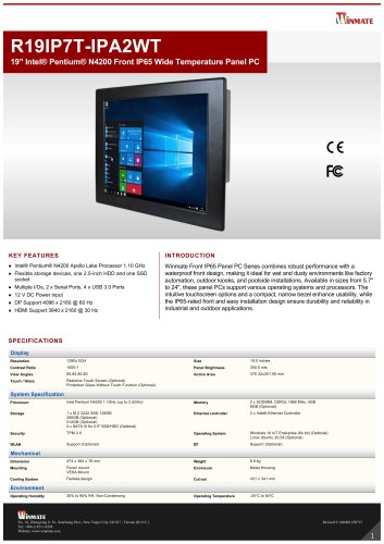 19" Intel® Pentium® N4200 Front IP65 Wide Temperature Panel PC R19IP7T-IPA2WT