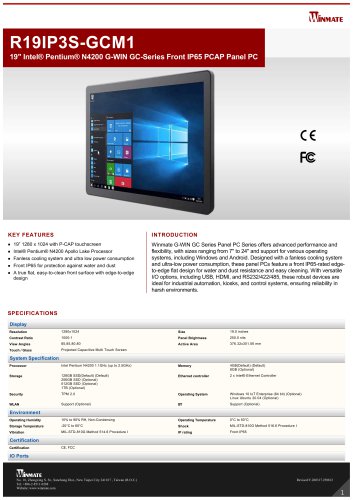 19" Intel® Pentium® N4200 G-WIN GC-Series Front IP65 PCAP Panel PC R19IP3S-GCM1