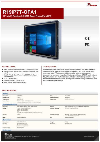 19" Intel® Pentium® N4200 Open Frame Panel PC R19IP7T-OFA1
