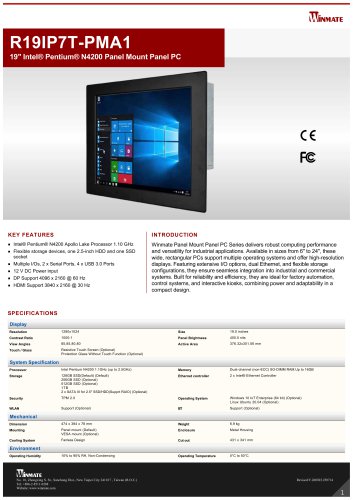 19" Intel® Pentium® N4200 Panel Mount Panel PC R19IP7T-PMA1