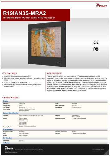 19" Marine Panel PC with Intel&reg; N150 Processor R19IAN3S-MRA2