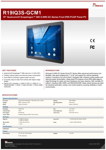 19" Qualcomm® Snapdragon™ 660 G-WIN GC-Series Front IP65 PCAP Panel PC  R19IQ3S-GCM1