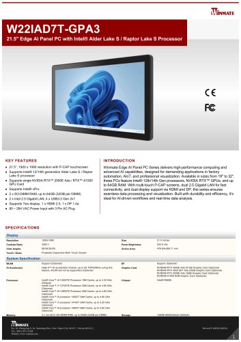 21.5" Edge AI Panel PC with Intel® Alder Lake S / Raptor Lake S Processor W22IAD7T-GPA3