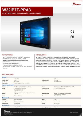 21.5" HMI Panel PC with Intel&reg; Pentium&reg; N4200 W22IP7T-PPA3