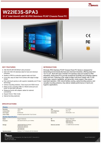 21.5" Intel Atom® x6413E IP65 Stainless PCAP Chassis Panel PC W22IE3S-SPA3