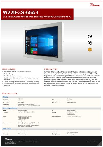 21.5" Intel Atom® x6413E IP65 Stainless Resistive Chassis Panel PC W22IE3S-65A3