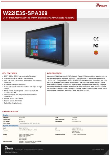 21.5" Intel Atom® x6413E IP69K Stainless PCAP Chassis Panel PC W22IE3S-SPA369