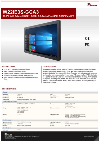 21.5" Intel® Celeron® N6211 G-WIN GC-Series Front IP65 PCAP Panel PC W22IE3S-GCA3