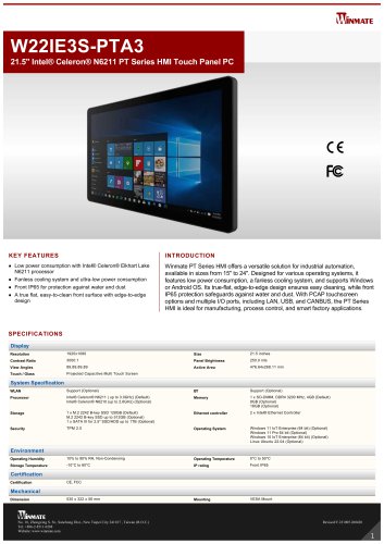 21.5" Intel® Celeron® N6211 PT Series HMI Touch Panel PC W22IE3S-PTA3