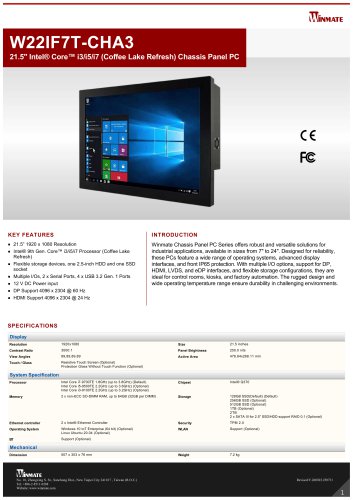 21.5" Intel® Core™ i3/i5/i7 (Coffee Lake Refresh) Chassis Panel PC W22IF7T-CHA3