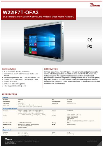 21.5" Intel® Core™ i3/i5/i7 (Coffee Lake Refresh) Open Frame Panel PC W22IF7T-OFA3