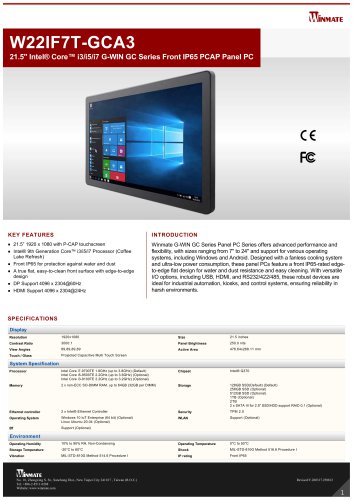 21.5" Intel® Core™ i3/i5/i7 G-WIN GC Series Front IP65 PCAP Panel PC W22IF7T-GCA3