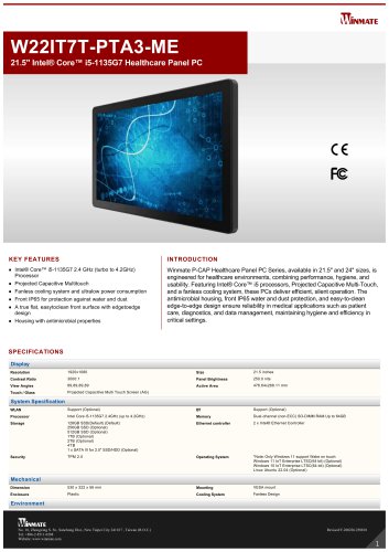 21.5" Intel® Core™ i5-1135G7 Healthcare Panel PC W22IT7T-PTA3-ME